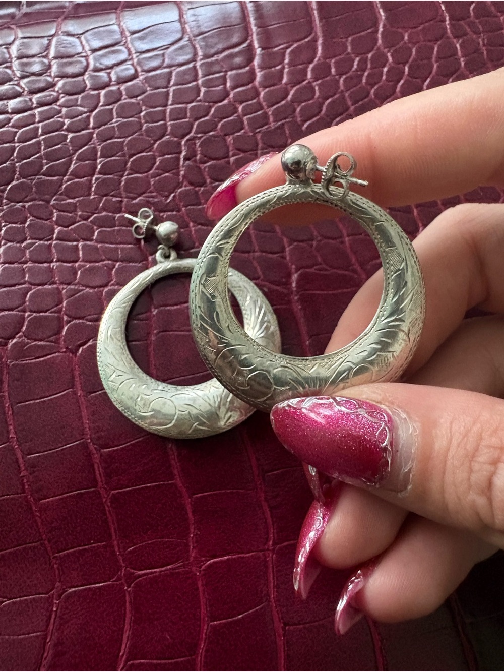SOLD- Vintage Sterling Silver Floral Hoop Earrings